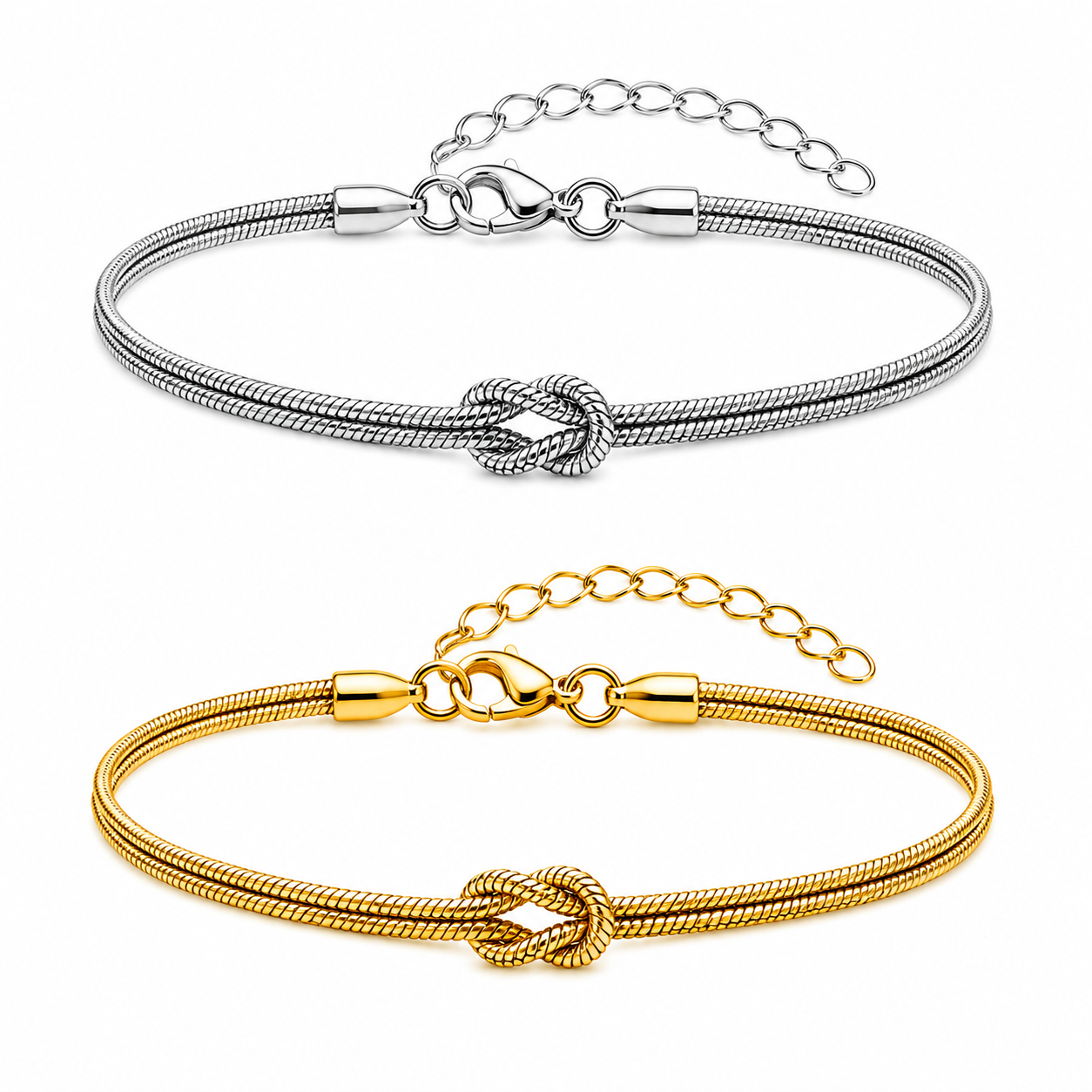 Gold & Silver Stainless Steel Art Deco Knot Slim Snake Chain Bracelet